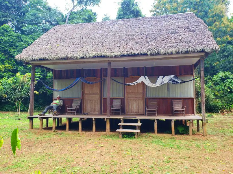 relaxing on the front porch of the lodge in the Bolivia Amazon