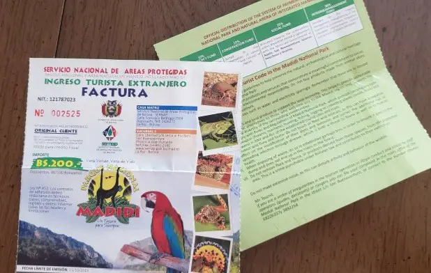 Paper tickets for entrance to Bolivia National Park