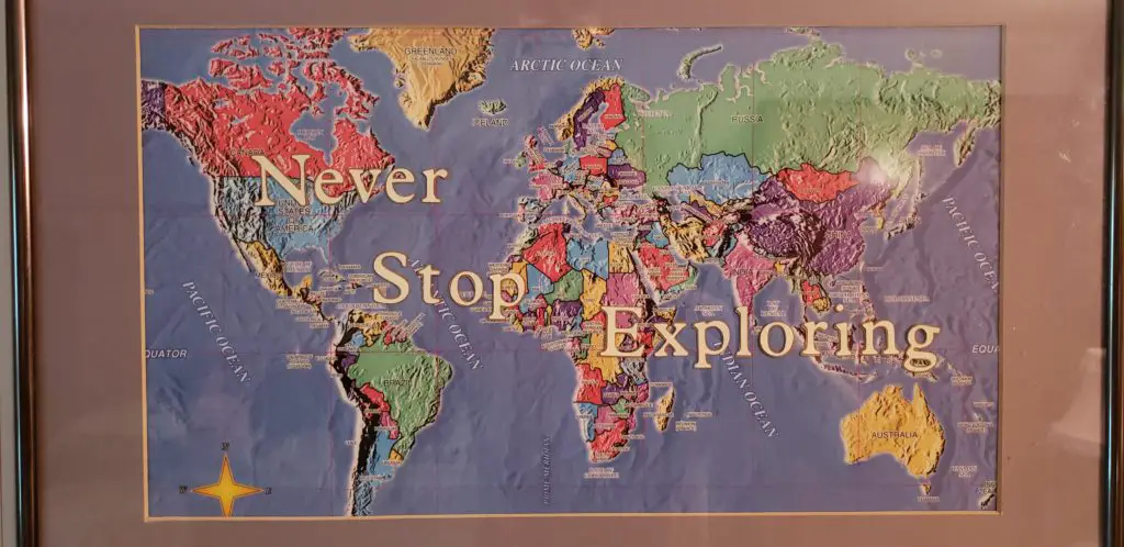 map of world with NEVER STOP EXPLORING caption