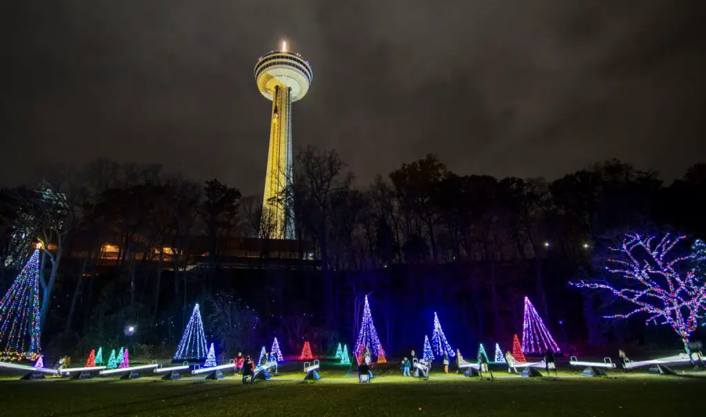 lighted tower and lighted christmas trees in Canada at the Niagara Falls Winter Festival of Lights