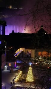view of christmas tree from hotel window when Visiting Niagara Falls in the winter