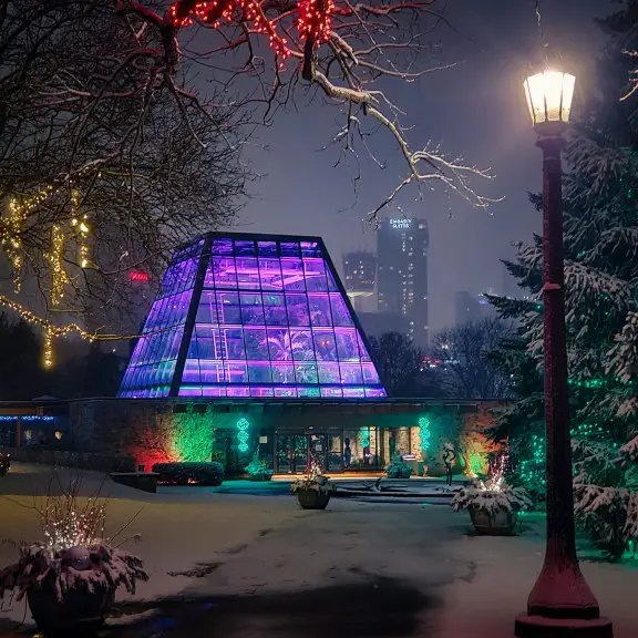 Floral Showcase in Niagara Falls lit in multi colors during the Niagara Falls Winter Festival of Lights