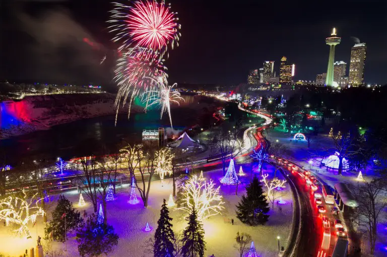 fireworks and Christmas lights near the falls in Canada at Niagara Falls Winter Festival of Lights