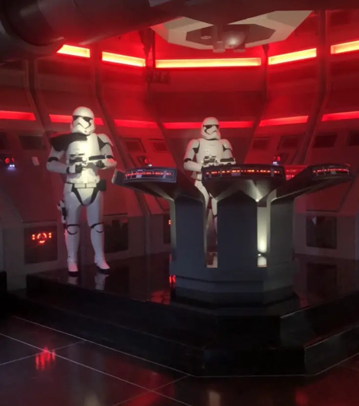 Stormtroopers wait outside the interrogation room at Star Wars Galaxy's Edge