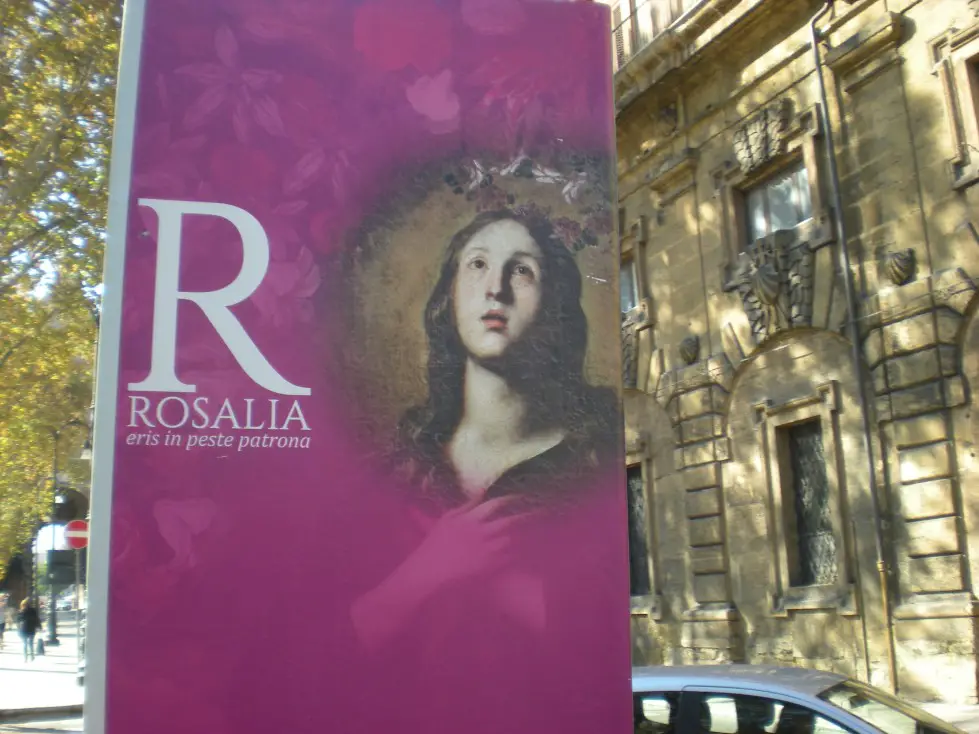 banner in the street of Palermo with Saint Rosalia the patron saint of Palermo