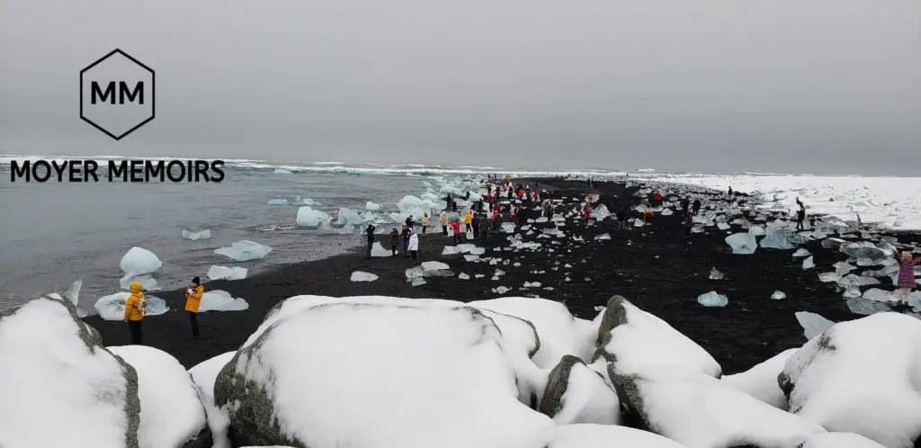 beach with glacier pieces on it