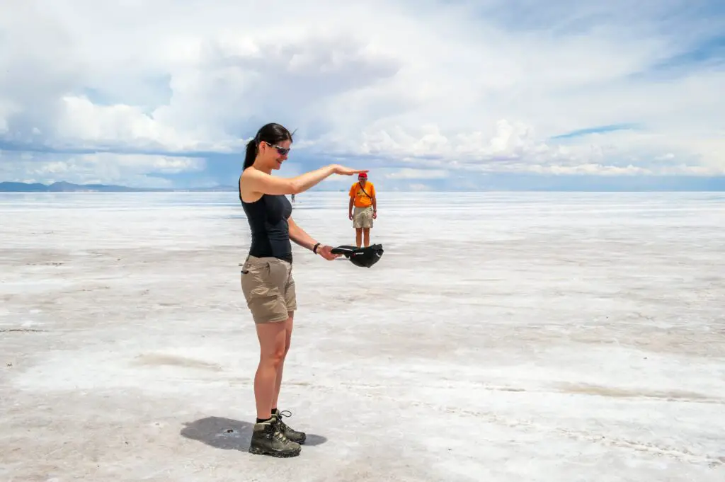 perspective pic of a couple in the salt flats