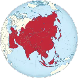 Asia in red on the world globe