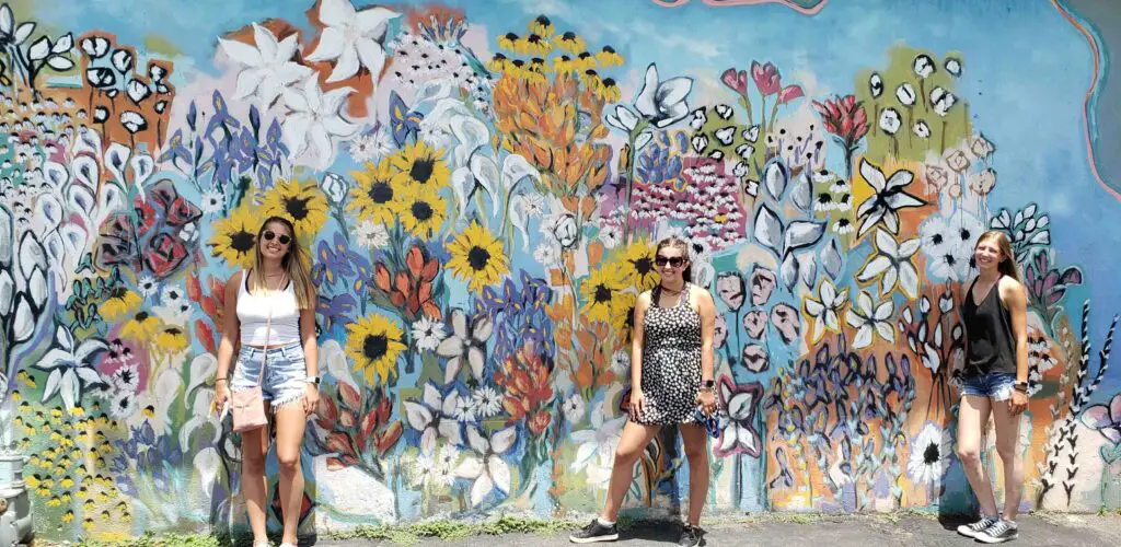 3 beautiful girls in front of flower wall street art:  one of the wall murals in Nashville on 12 south