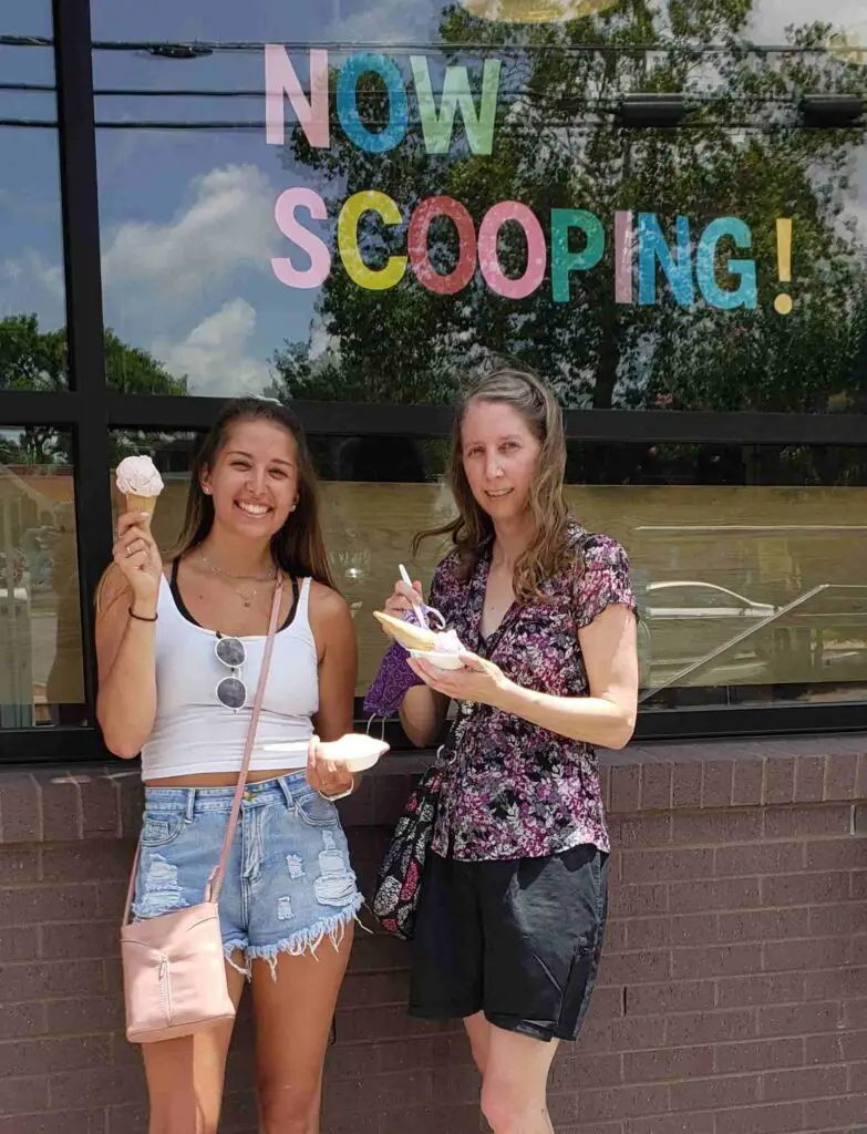 2 cones of ice cream in front of the shop on 12 south in Nashville