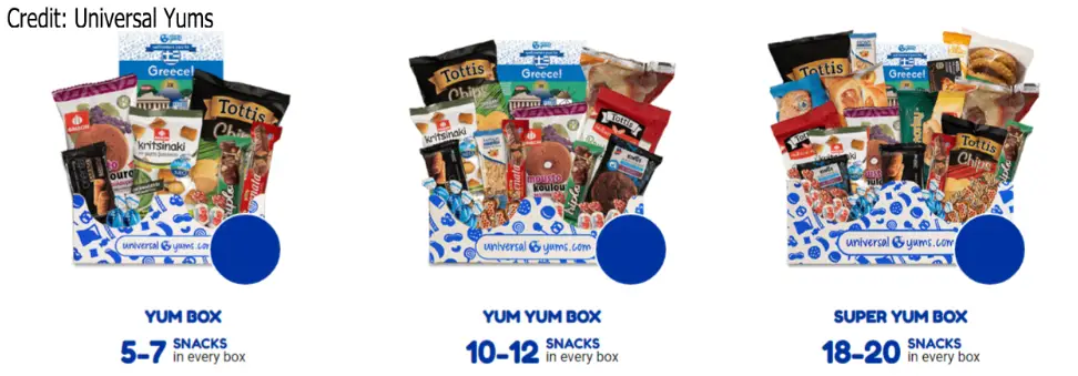 Options for Universal Yums box sizes