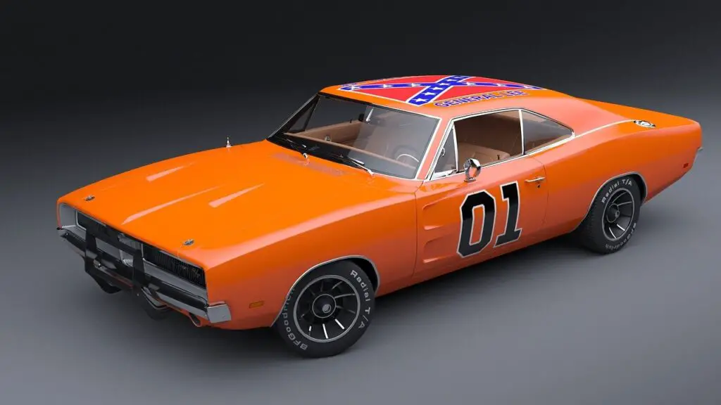 Orange car with rebel flag on the roof- General Lee from Dukes of Hazzard