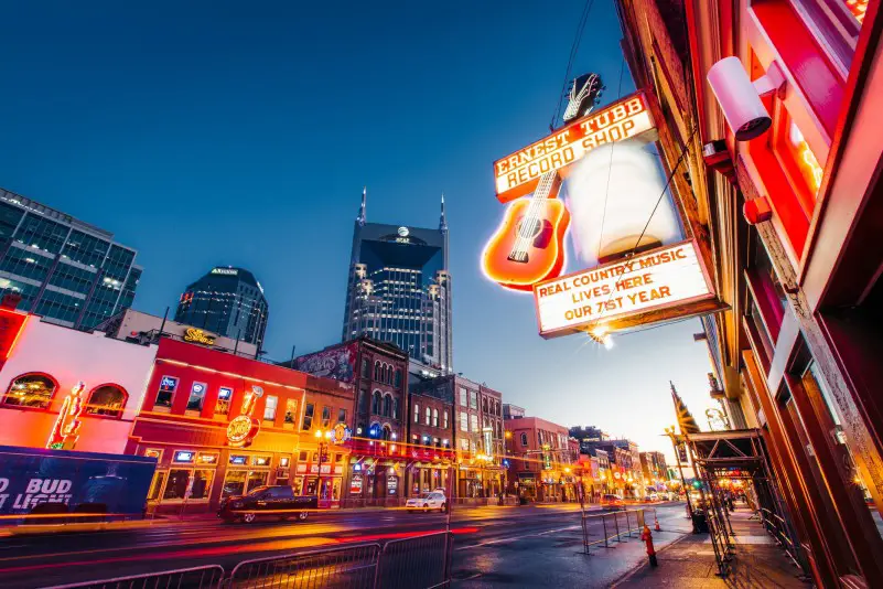 neon lights on Broadway for a weekend vacation in Nashville Tennessee