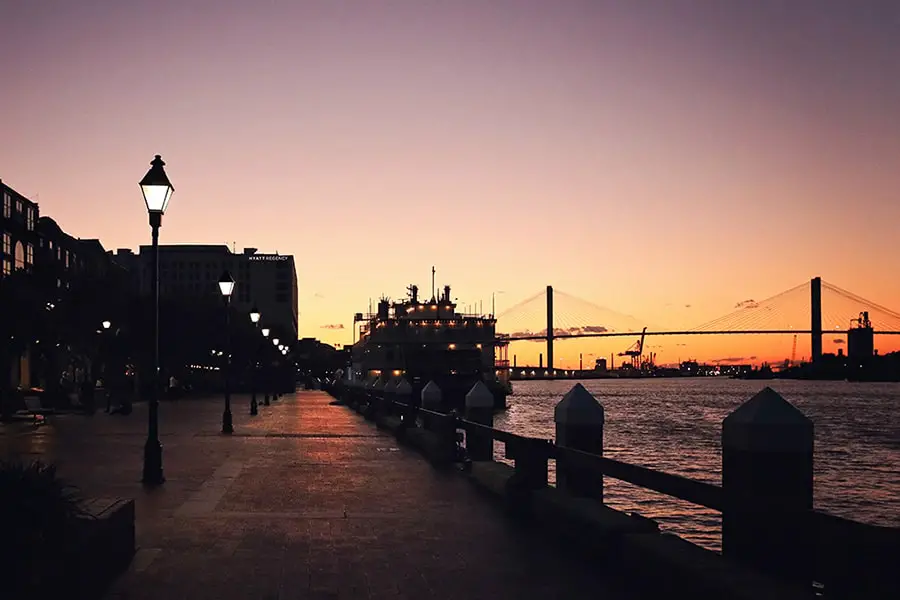 sunset over Savannah Street during a relaxing empy-nest vacation in the US