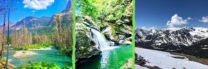 park landscape, waterfall, snowy mountains, for vacation ideas for empty nesters