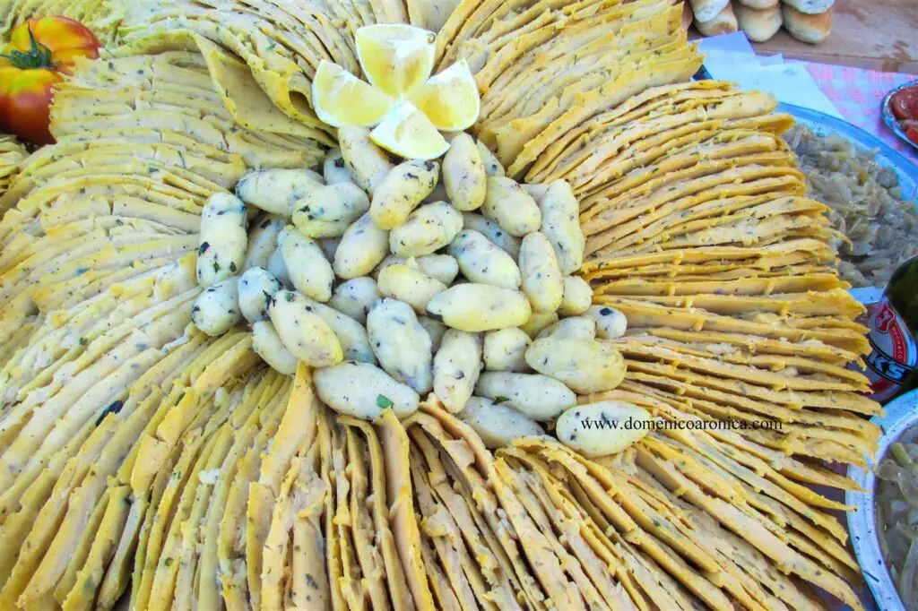 Large display of panelle e crocchè at the Street food market in Palermo