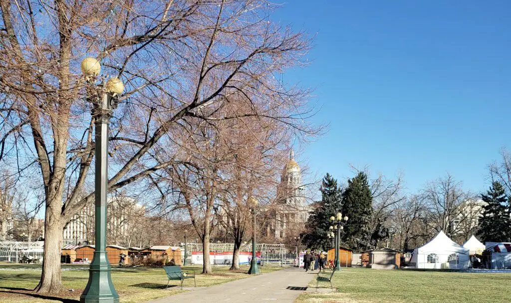 Park area with market booths in Denver