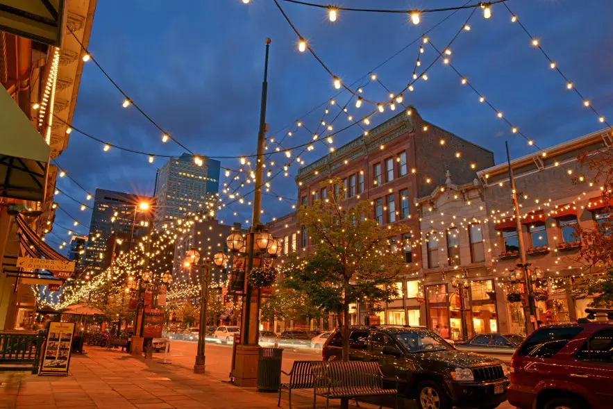 twinkling lights at night at Larimer Square in Denver on a 1 day trip in Denver