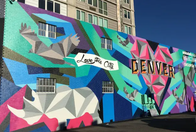 Mural with I LOVE DENVER in bright colors