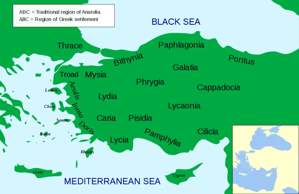 Map of Anatolia in present day Turkey