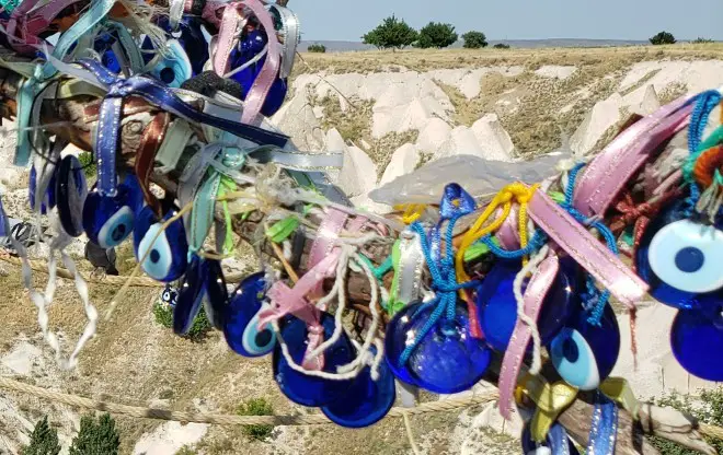 tree branches decorated with Evil Eye gemstones in Turkey