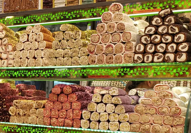 shelves of turkish delight souvenirs for sale at the grand bazaar in istanbul