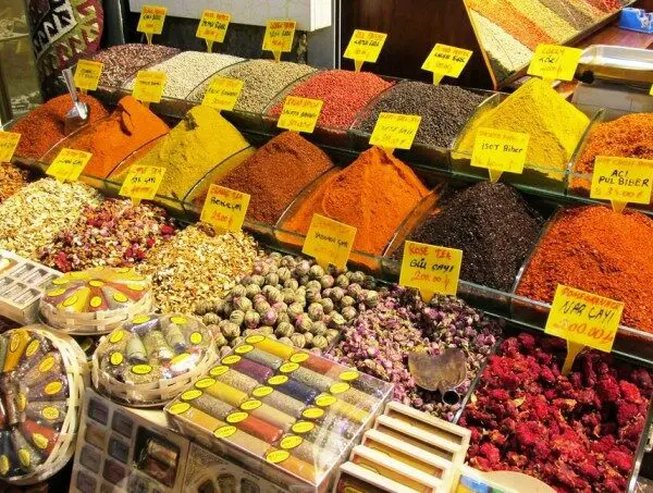 bins of spices for sale at the Spice Bazaar in Turkey