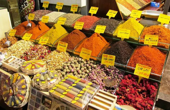 bins of spices for sale at the Spice Bazaar in Turkey