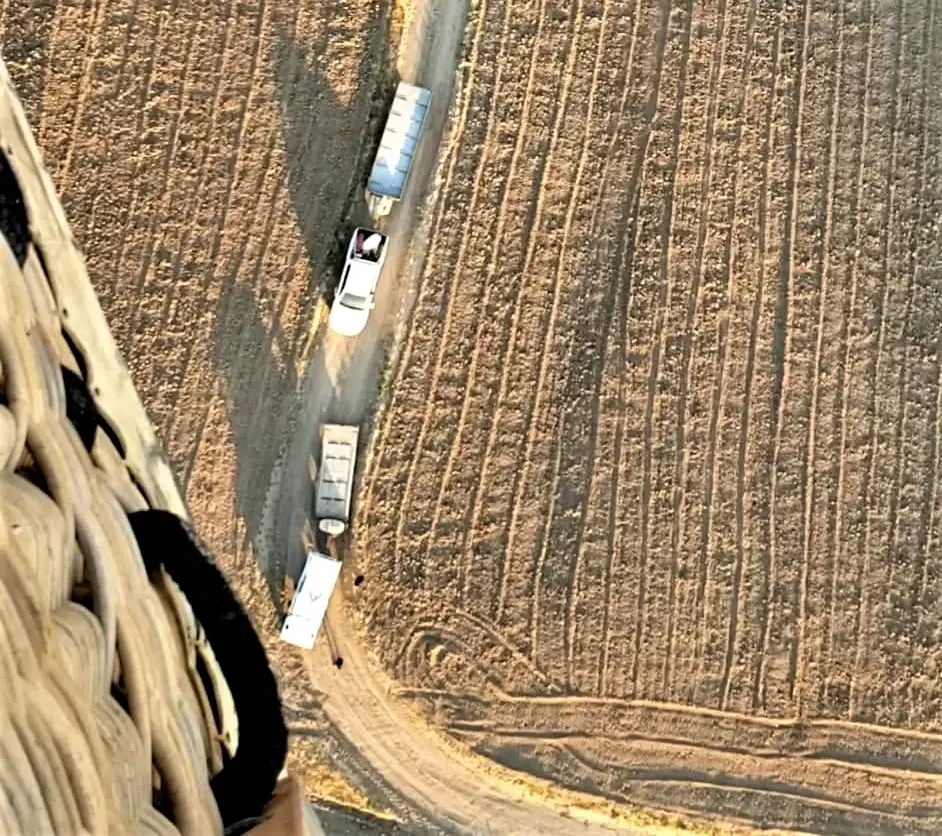 dirt fields with truck and trailer for landing the Hot Air Balloon in Cappadocia Turkey