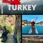 lots of fun sites in turkey to visit on a small group tour: girl on boat, girl overlooking amphitheater, beautiful aqua water in canyon and Turkey Flag
