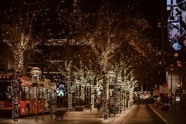 16th street mall in denver in winter with holiday lights