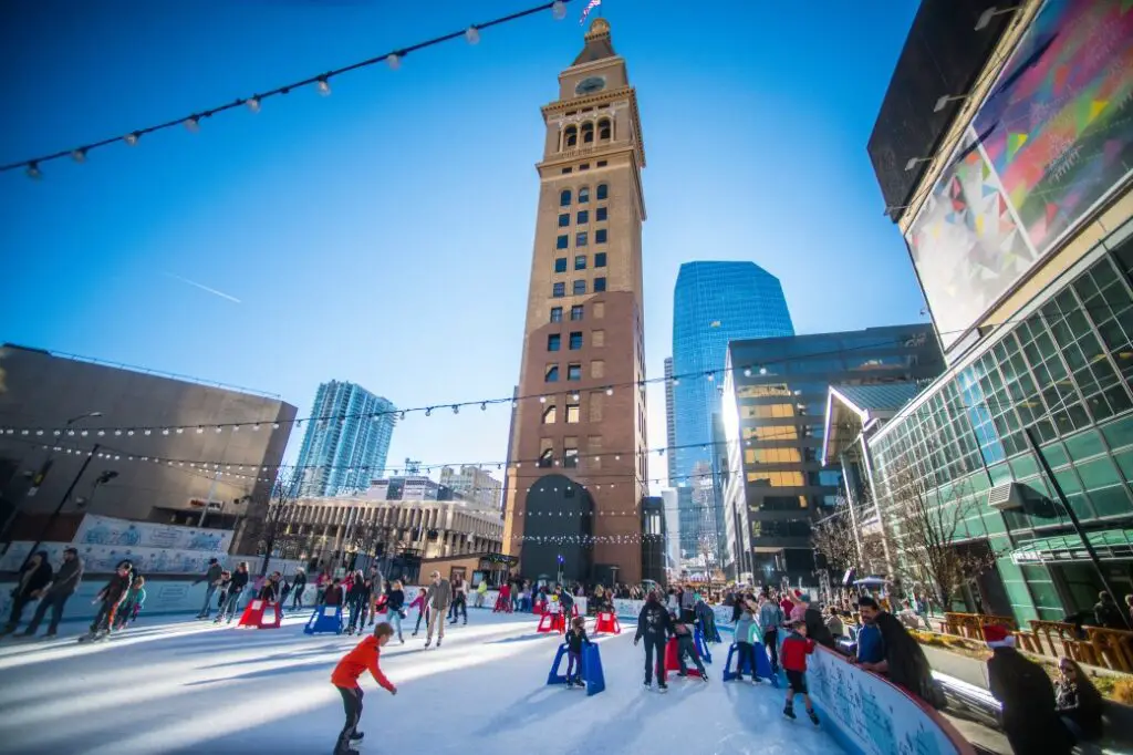 ice skating in downtown Denver as one of the many winter activities in Denver Colorado