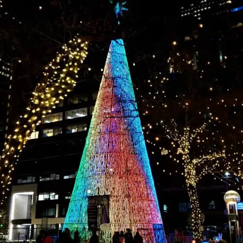 holiday decorations in denver in winter - mile high tree at 16th street mall in denver