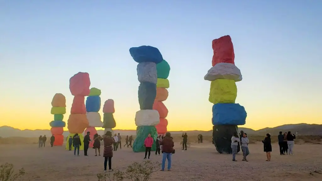 7 towers of colorful rocks in the sunset at Birthday stop in Las Vegas at Seven Magic Mountains