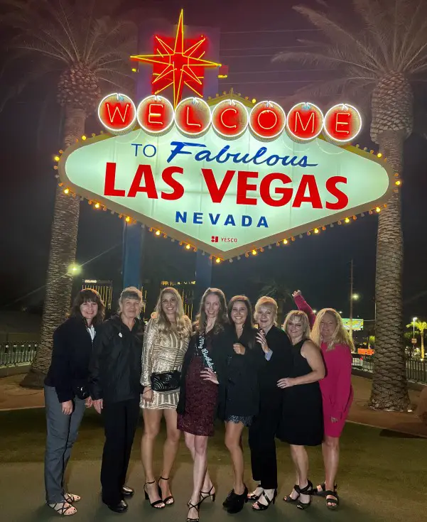 group of ladies posing at the Welcom to Las Vegas Sign for birthday party