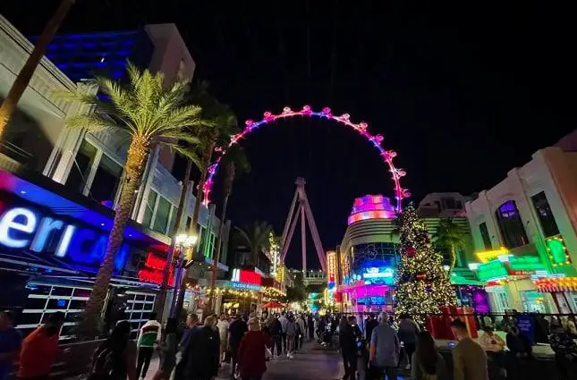 colorful neon lit Ferris Wheel High Roller in Las Vegas