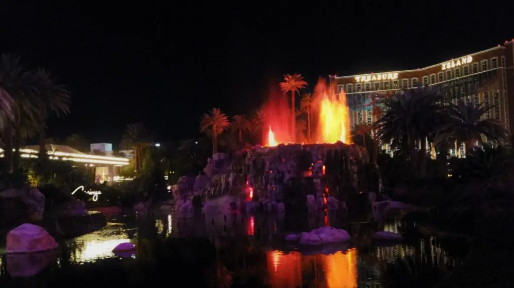 Fire and water shooting up at Mirage Volcano show in Las Vegas