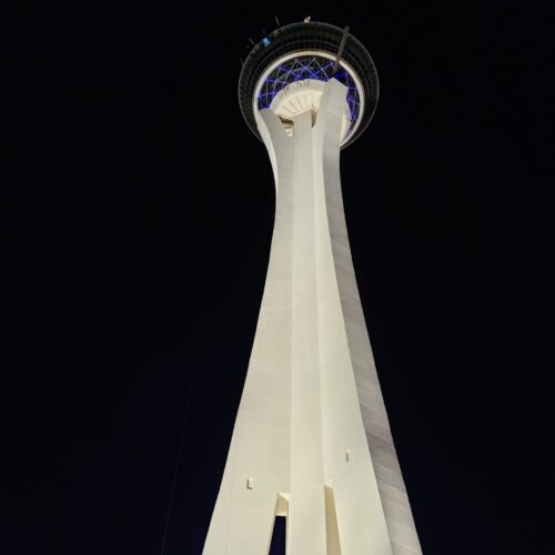 tall building in the dark sky Skypod at the top of Stratosphere