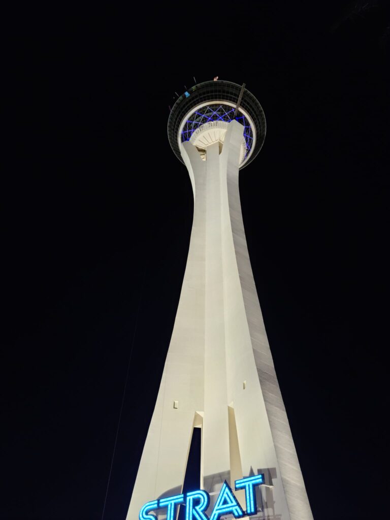 tall building in the dark sky Skypod at the top of Stratosphere