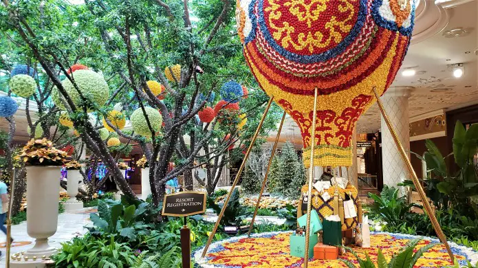 colorful hot air balloon made of flowers and twinkling lights