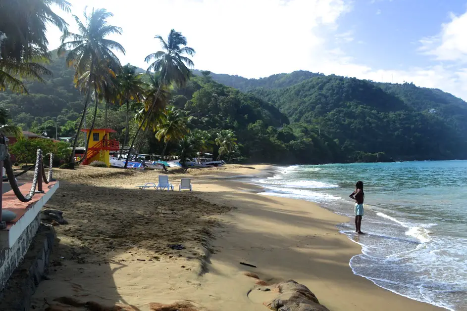 man standing at the end of a sandy beach in front of the water at Castara Bay Tobago Beach