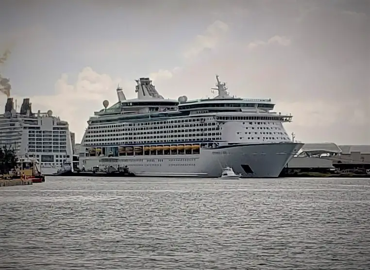 Royal Caribbean Ship docked across the water in Puerto Rico at the beginning of the Covid cruise