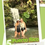 2 ladies standing in front of a waterfall in a green forest in Puerto Rico