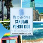 4 images in San Juan of palm trees, an old statue, a rainbow arch and the beach