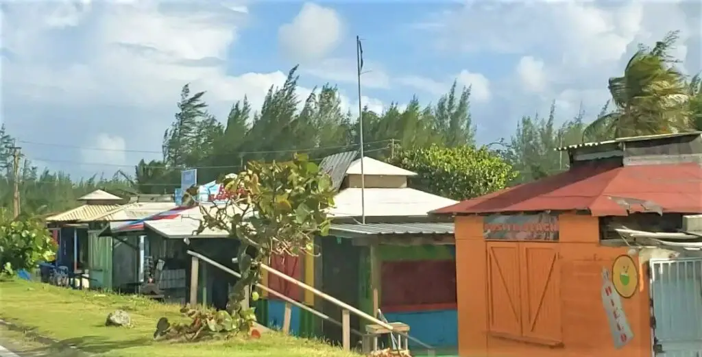 Colorful buildings of Pinones Food Kiosks near the beach in Puerto Rico