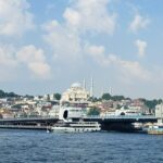 best views in Istanbul city of the mosque and bosphorus river taken from the ferry boat