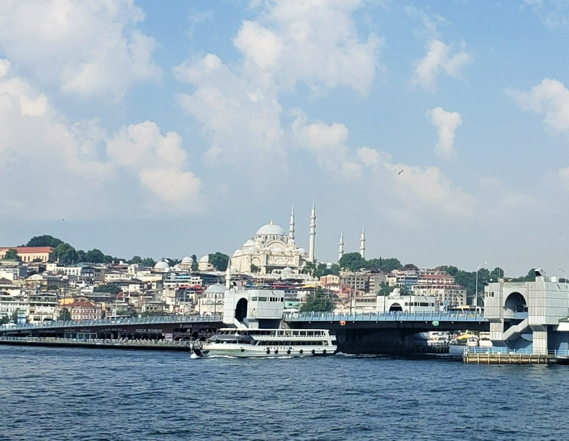 best views in Istanbul city of the mosque and bosphorus river taken from the ferry boat