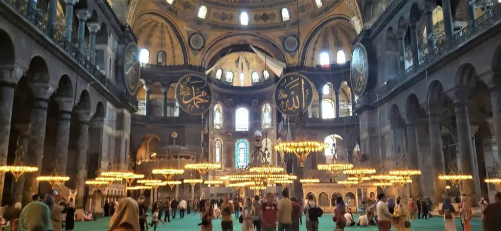 lights in a dimly lit mosque Hagia Sophia in Istanbul