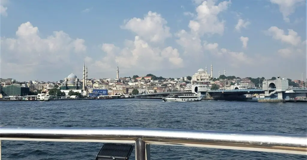 view  over the boat rail of the city of Istanbul from Bosphorus on ferry