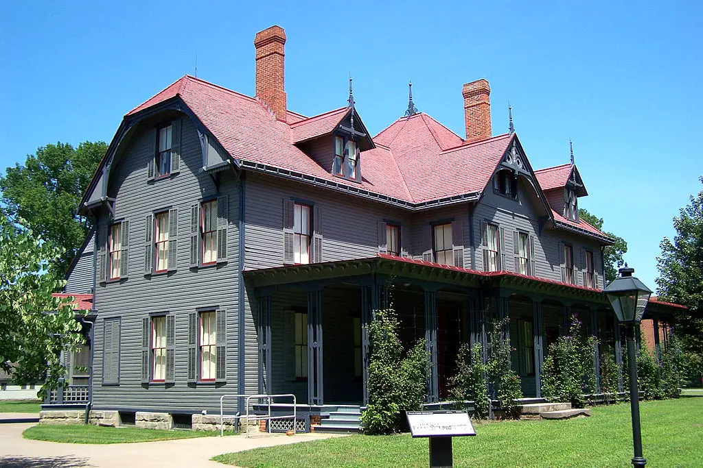 grey house with red roof is James A Garfield National Historic Site near Cleveland in Mentor Ohio